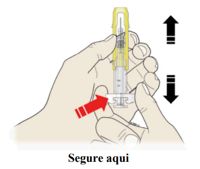 Para sua segurança, puxe o protetor de segurança amarelo para cobrir a agulha até ouvir um clique
